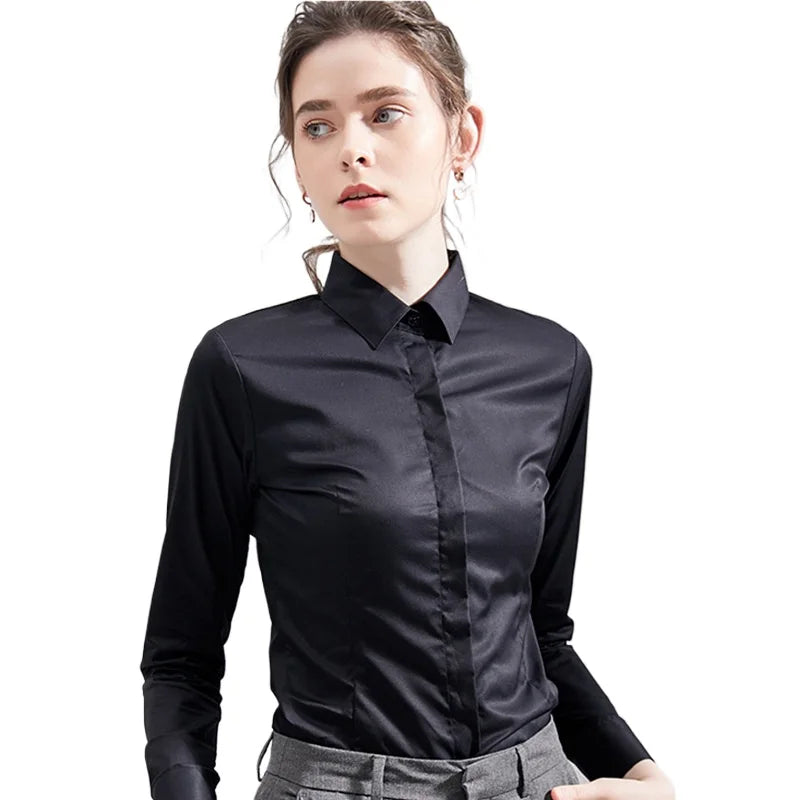 Women's White Collared Long-Sleeved Shirt, Solid Color Business/Office Non-Iron Wrinkle-Resistant Shirts. Black, Gray, Blue Tops