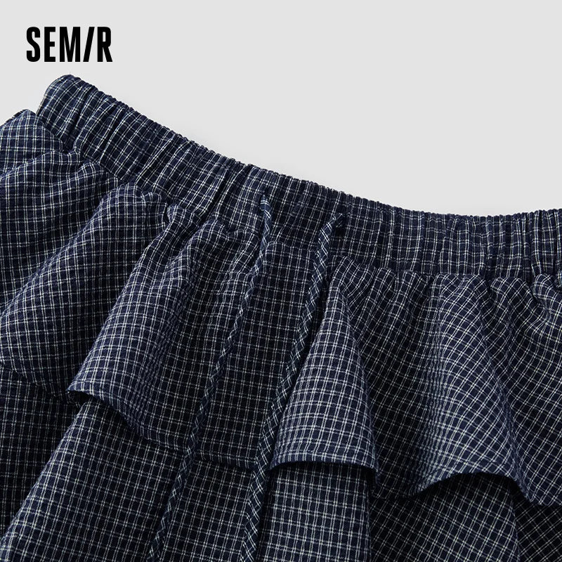 Semir Midi Skirt Women Elastic Waist Temperament 2025 New Summer Lovely Checkered Puffy Cake Skirt Playful for Summer