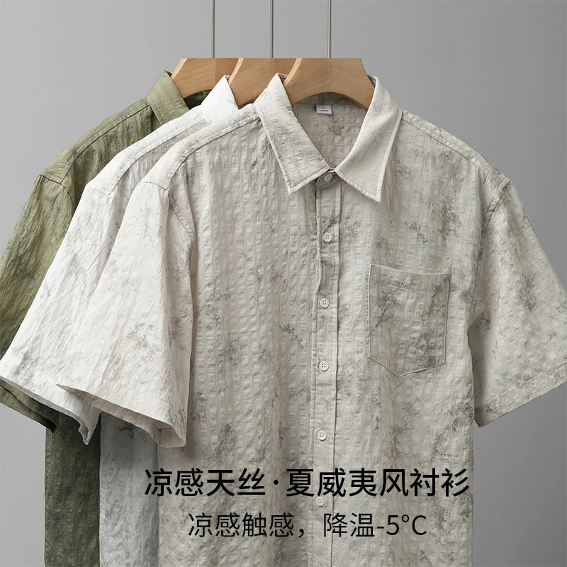 DUKEEN Hawaiian Style Lyocell Ink-Printed Shirt for Men Summer Thin Ice-Silk Coolness Breathable Short-Sleeve Top Men's Clothing