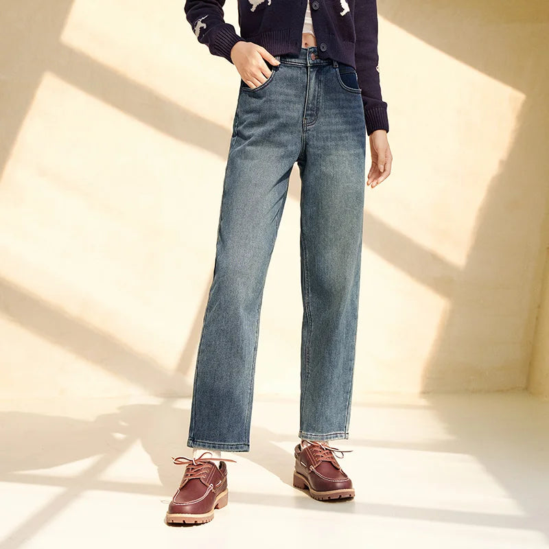 Semir Women Jeans Fleece Lined Elastic Waist Tapered Loose Fit Hip Covering 2026 Streetwear Vintage Denim Pants