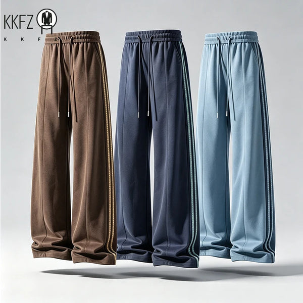 Mens Striped Side Wide Leg Sweatpants Adjustable Drawstring Waist Relax Cut Comfort Outdoor Walking Trousers