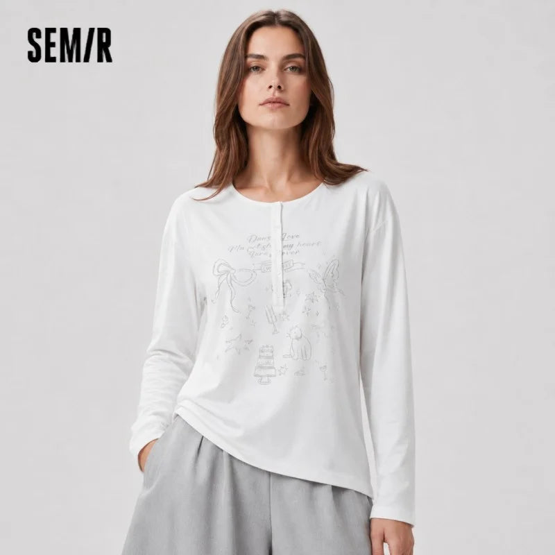 Semir Women Tshirt Print Oversized Mid Long Sleeve Top 2026 Summer Loose Casual