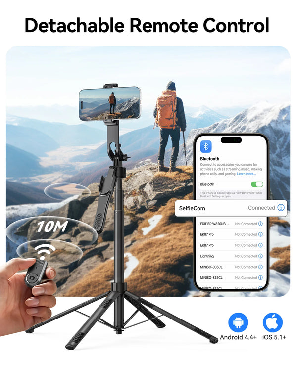 ORICO 73' Aluminum Portable Tripod Selfie Stick 4-Leg Base 360° Rotatable Handle Wireless Remote Stand for IPhone/Android/Camera