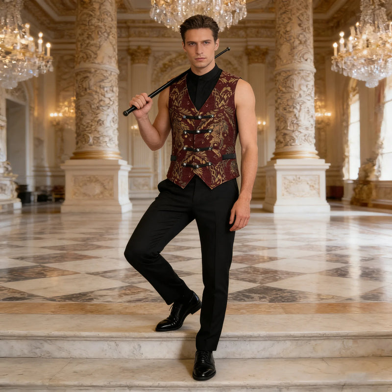 Punk-style Men's Red Sleeveless Suit Vest, Single-breasted V-neck Court/Gothic Vests, for Cosplaying Medieval Vintage Waistcoat.