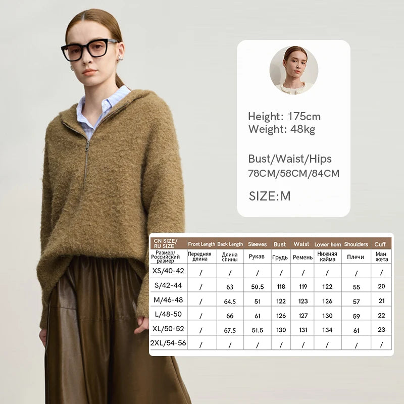 AMII Hooded Women's Sweater 2026 Winter New Shoulder Sleeve Zipper Loose Sweater For Woman Casual Knitted Pullover Top 12554064