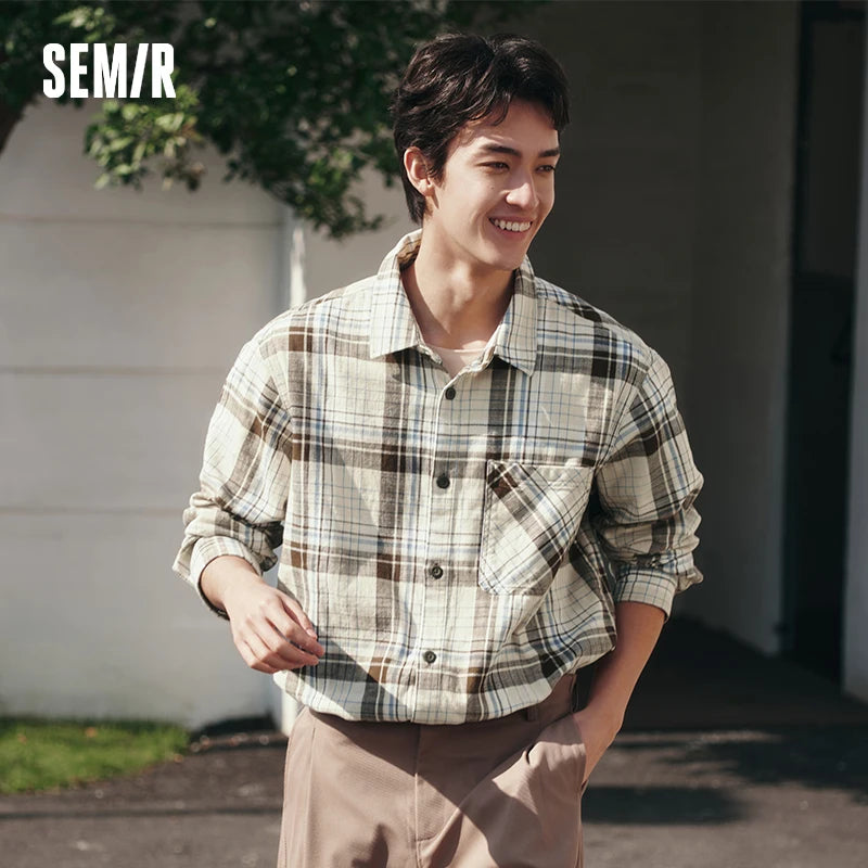 Semir Versatile Shirt Men Long Sleeve Cotton Plaid Loose Fit Lapel Casual Commute Fashion Top 2026 Spring Stylish Wear