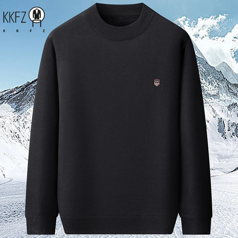 Thick Thermal Mock Neck Men Pullover Simple Solid Knit Material Chest Badge Skin Friendly Fleece Interior Outing Top
