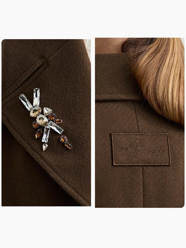 Amii Minimalist 2026 Winter Women Clothing Lapel Shoulder Pads Woolen Jackets Embroidery Loose Double-breasted Coat 12424083