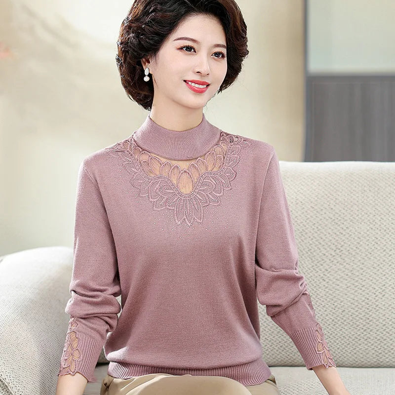 Turtleneck Warm Long Sleeve Knitwear Tops Spring Autumn Woman Clothing Middle Aged Mother Sweater Basic Wear Pullover Shirt