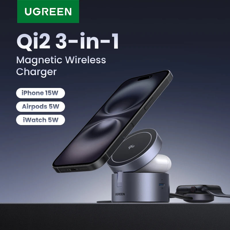 UGREEN Qi2 15W Max Magnetic 3-in-1 Wireless Charger Fast Charging Stand For Magsafe Charger For iPhone 15 16 Pro Max/AirPods