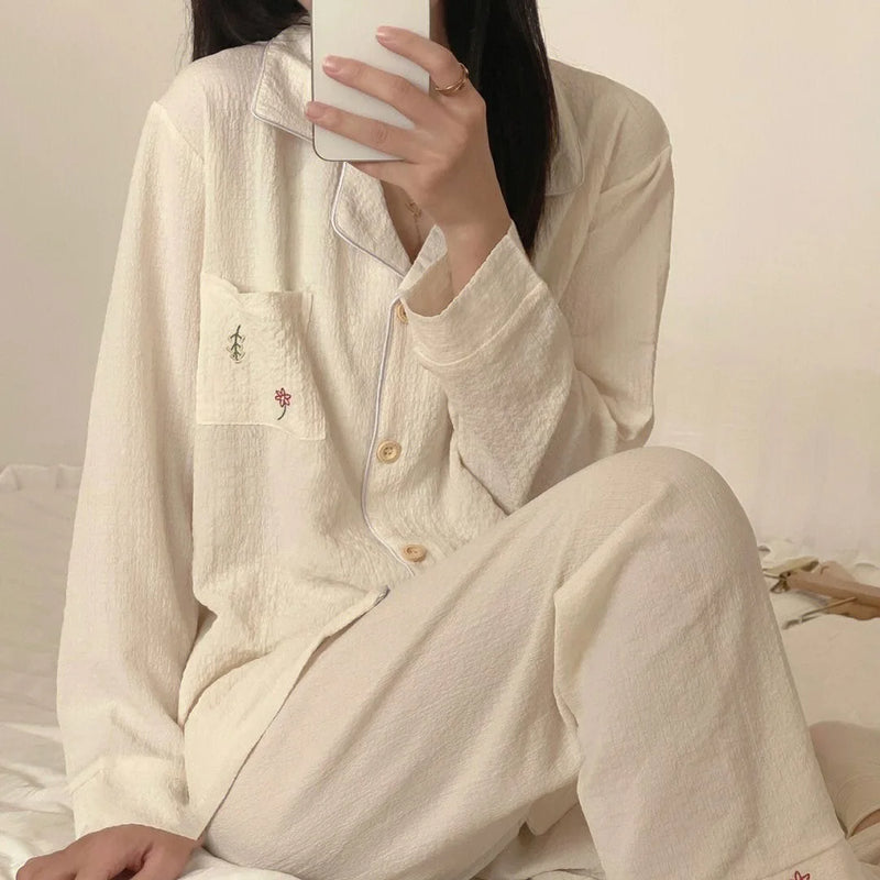 Embroidery Plus Size Home Wear Clothes M-5XL Korean Version Pajamas Women Sleepwear Cotton Yarn Cardigan Long-Sleeved Suit