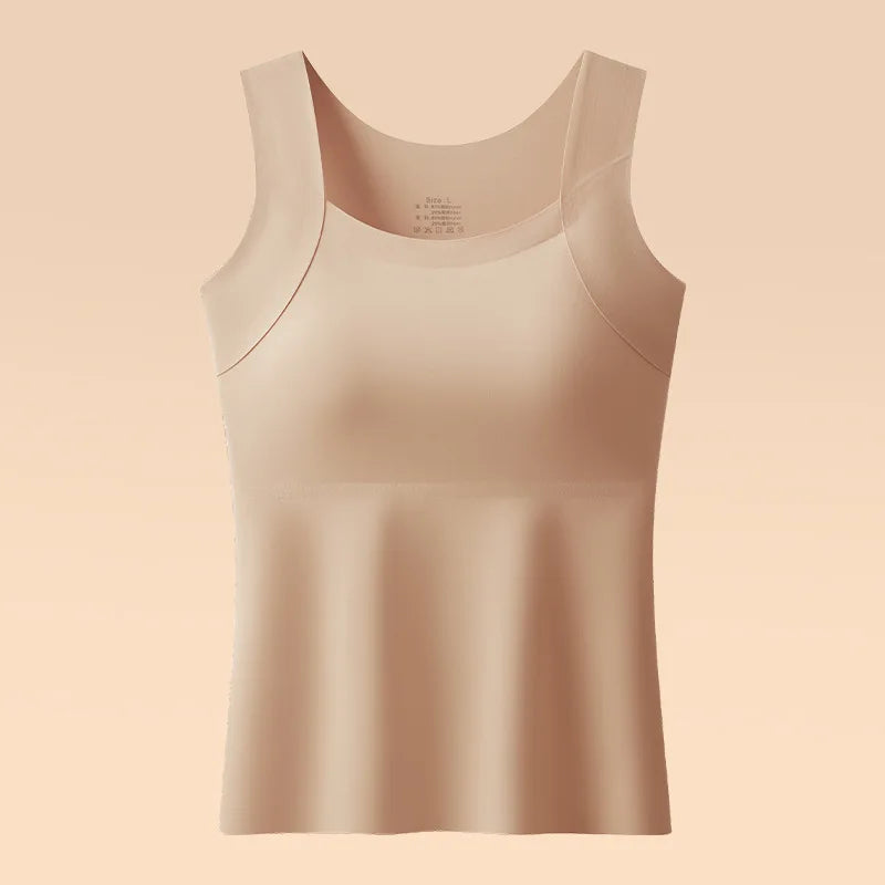 Beauty and Warmth Chest Pad Vest Fixed Cup Bra Integrated Backing Underwear Sleepwear Base Shirt Women One Piece Pajamas Top