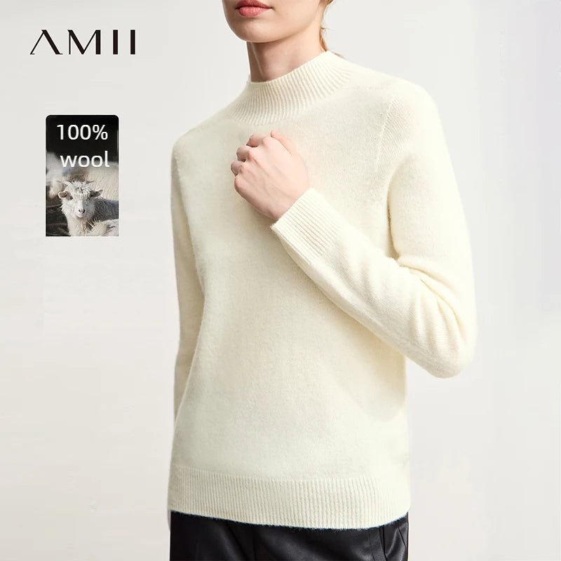 Amii Semi-turtleneck Women Sweater 2026 Winter New Versatile Full Wool Knitted Tops Commuter Warm Long Sleeve Sweaters 12514015