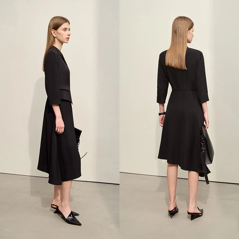 រ៉ូប Amii Minimalism Fake Two Pieces Spliced សម្រាប់ស្ត្រីឆ្នាំ ២០២៤ រដូវស្លឹកឈើជ្រុះថ្មី Midi Commuter រ៉ូបស្តើងដៃបីភាគបួន ១២៤២១០៦៩
