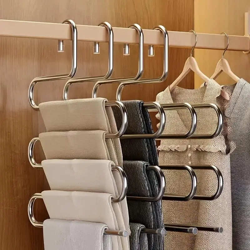 Five-layer stainless steel trouser rack，used for wardrobe storage, suitable jeans and trousers, space-saving design