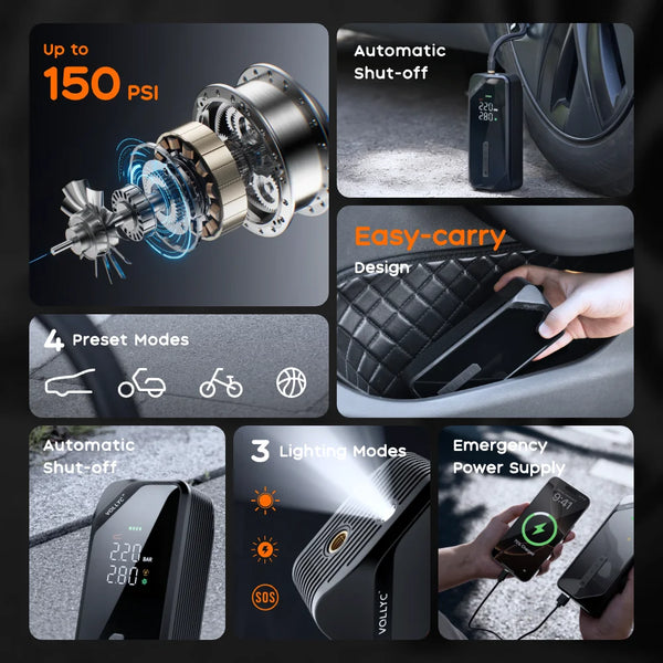 FLEXTAIL X VOLLYC 150PSI Tire Pump, Electric Tire Inflator for Car Bicycle Motorbike Balls, 4 Modes Fast Tire Inflation