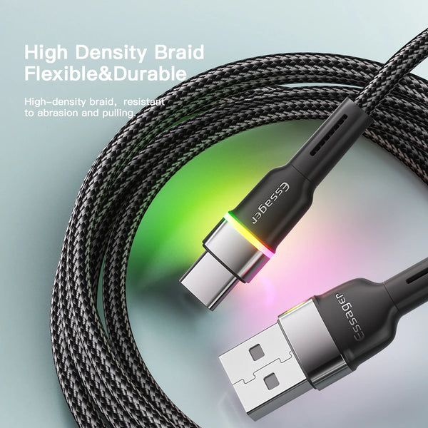 ខ្សែសាក Essager 3A USB Type C USB A ទៅ Type C ខ្សែសាកលឿនសម្រាប់ទូរស័ព្ទដៃ Samsung Redmi Xiaomi ខ្សែសាកទិន្នន័យ