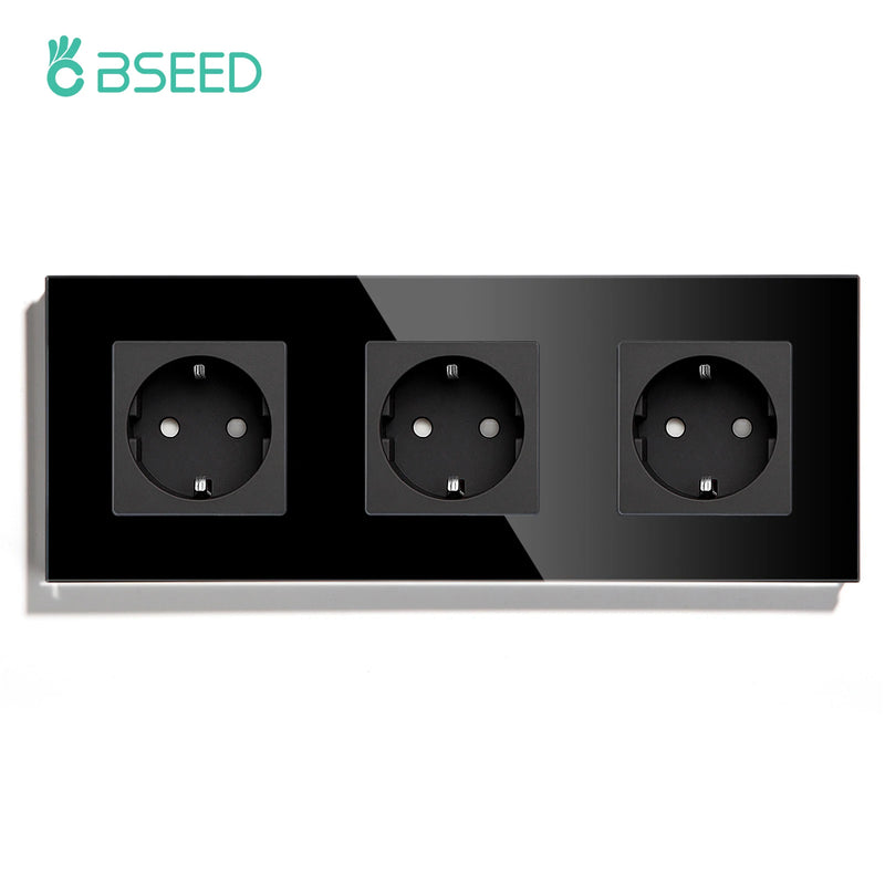 BSEED Touch Light Switch Wall Socket Glass 1/2/3Gang Touch Screen Switch Power Outlet Max.300W/Gang Led Switch Wall Socket Black