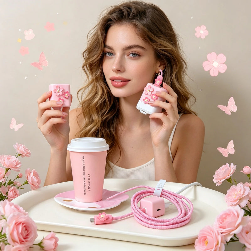 3D Pink Flower Cable Charger Protector Cover For Iphone 11 15 14 13 Pro Max 18W 20W Charger 2024 New Data Line Protective Sleeve