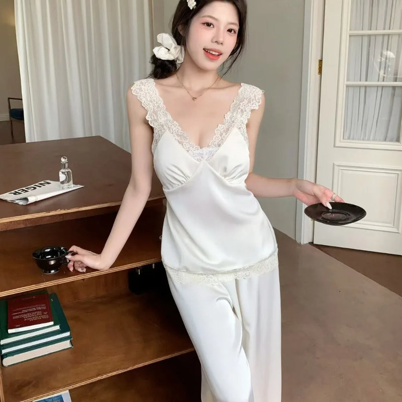 Womens Sleeveless Loungewear 2-Piece Lounge Set Soft Pajama v-neck Top and Long Pants Sleepwear Thin Home Wear Women pijama
