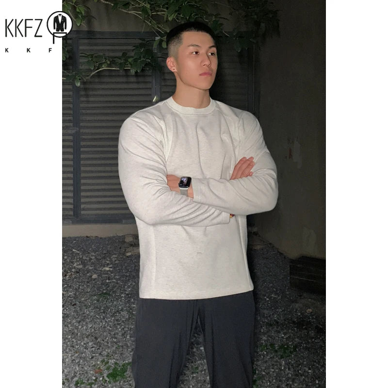 Mens Casual Crew Neck Long Sleeve T Shirt Vertical Panel Weave Tailored Cut For Weekend Gathering Outdoor Activity Scenes