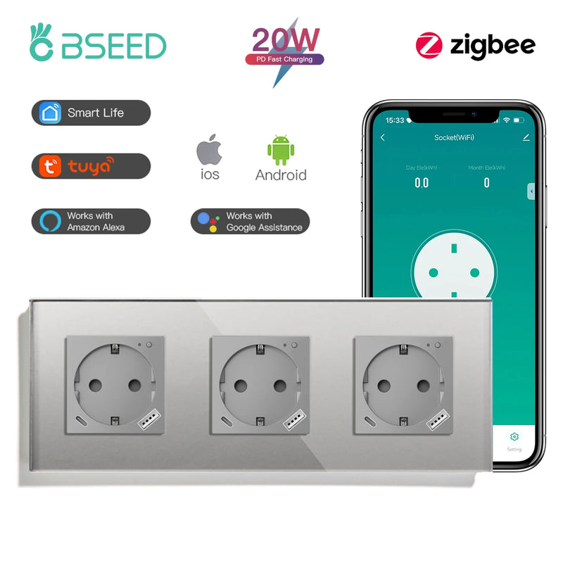 BSEED Zigbee Smart Socket 20W Fast Charge USB Type-C Phone Charge Port Glass Panel Tuya Google Home Alexa Control