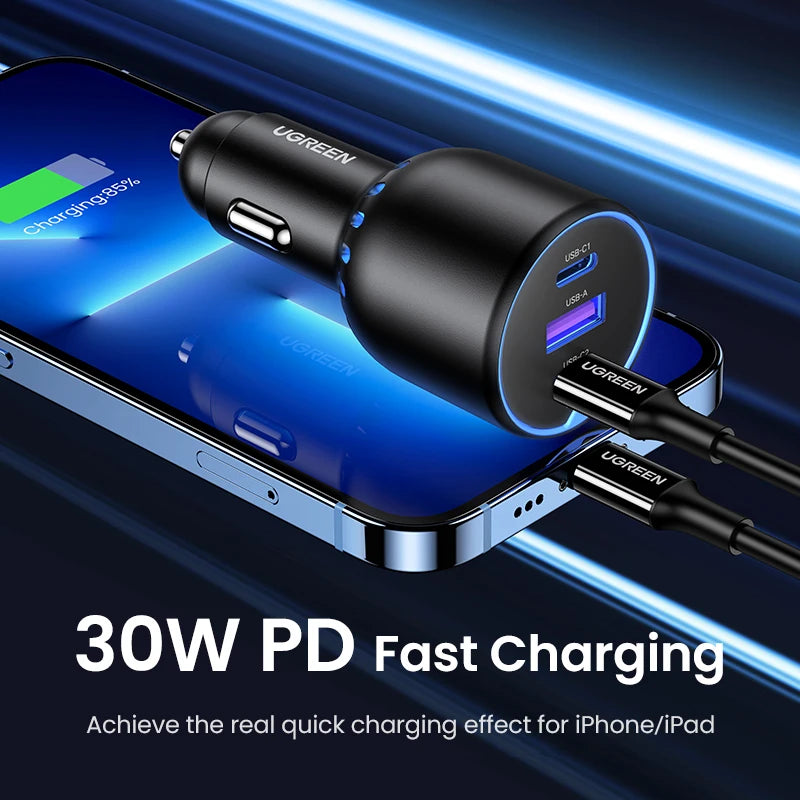 UGREEN 130W USB C Car Charger For Xiaomi iPhone 18 Samsung Galaxy S25 Laptops Tabet PD3.0 Fast Charging USB Type C Car Charger