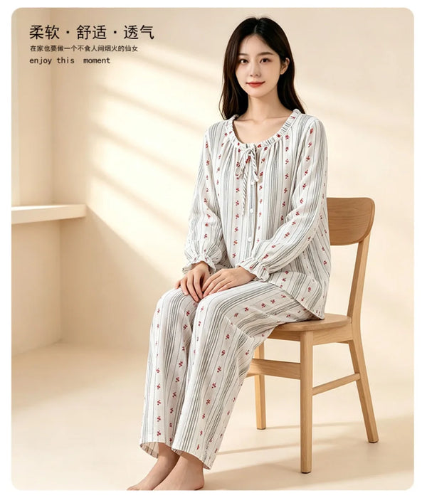 100% Cotton Women's Pajama Set Home Wear Floral Long Sleeve Loungewear Sleepwear Ladies Pijama 2 Pieces Set Night Wear Female