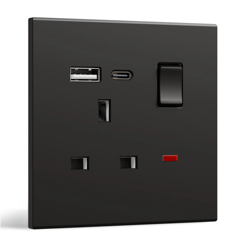 BSEED UK Standard Switched Wall Socket with USB Type-C Port 13A Electric UK Outlet with Switch On Off Integrated Panel Plastic