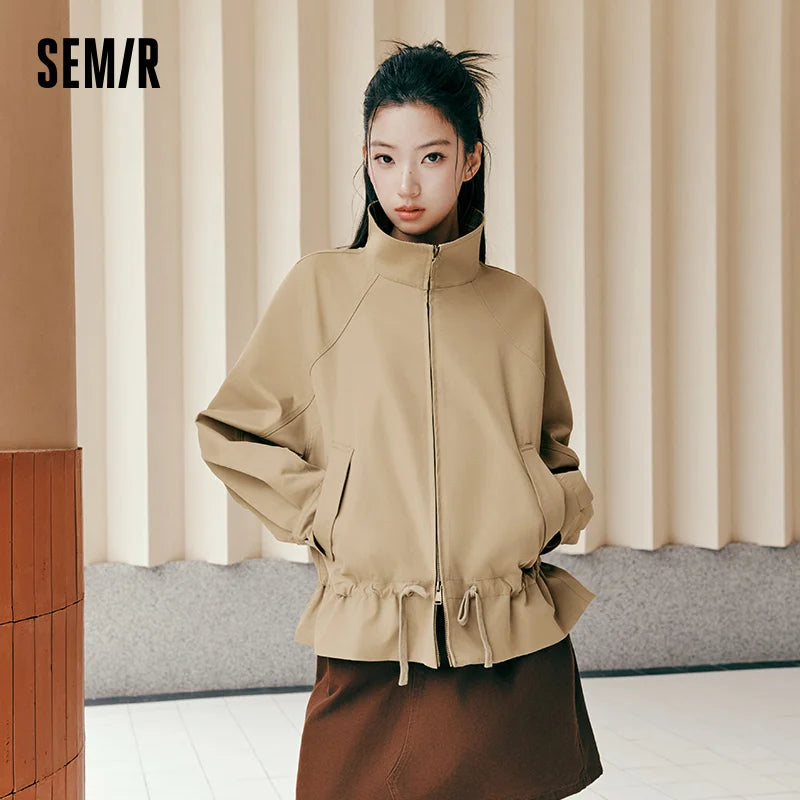 Semir Women Jacket Panelled Design Plaid Pattern Raglan Sleeve Oversized Fit Retro Style Drawstring Detail 2026 Autumn