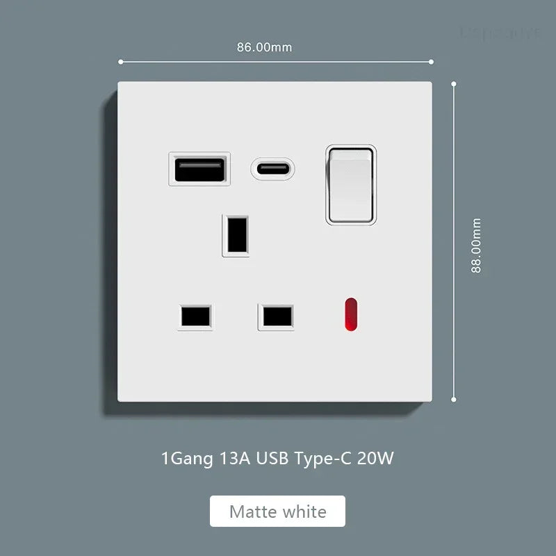 UK Standard Power Socket 13A Quick charge Plug 20W Smart Type-C Wall Outlet,220V Electrical Universal Wall Light 2way Switch