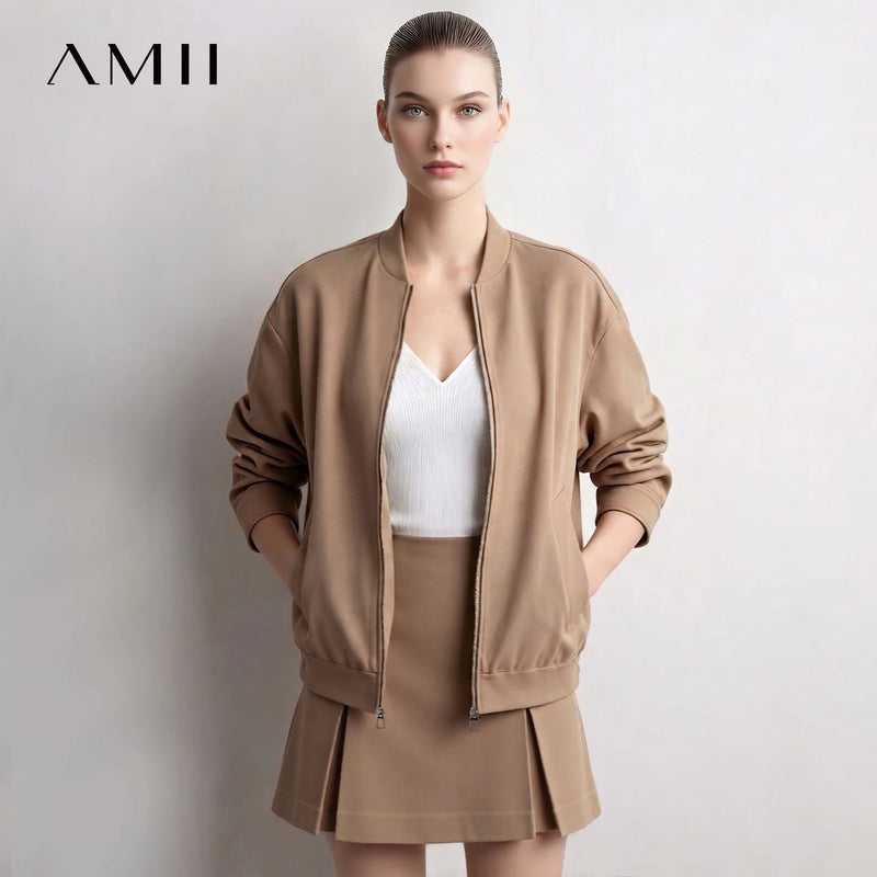 Amii Women Baseball Jacket A-Line Skirt 2 Piece Set Casual Commuter Mini Skirts Autumn 2026 Woman Zip Up Coat Separate 12643077