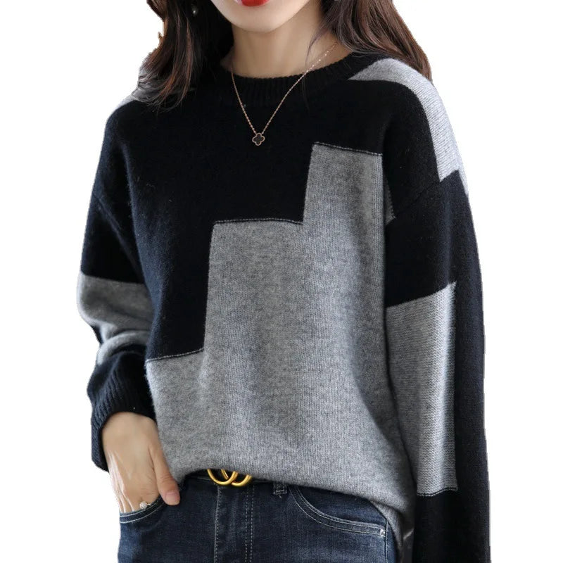 New Autumn Winter Knitwear Top Korean Loose Bottom Contrast Color Sweater For Women Suéteres Long Sleeve Pullovers свитер