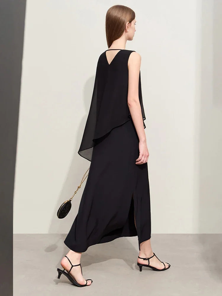 រ៉ូប Amii Minimalism 2026 សម្រាប់នារី រដូវក្ដៅ រចនាបថវិស្សមកាលថ្មី ក V ដេរភ្ជាប់ជាមួយក្រណាត់ Chiffon ស្រី ដៃខ្លី រ៉ូបរលុង 12452102