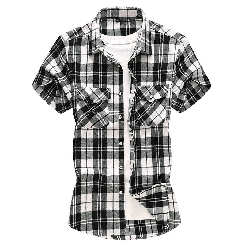 Men Red Striped Plaid Short-sleeved Shirt, Single-breasted Square Collar Cotton Shirts Summer Fashion Casual Camisa Men Chemise
