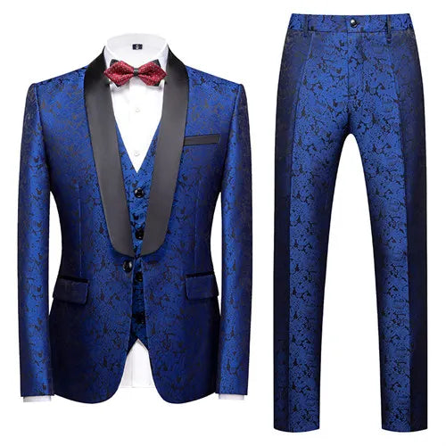 Men's Blue Jacquard Fabric Suit 3-Piece, Fashion Slim-Fit Blazer Jacket Trousers Vest, Spring  Autumn New Men Sets, Asian Size