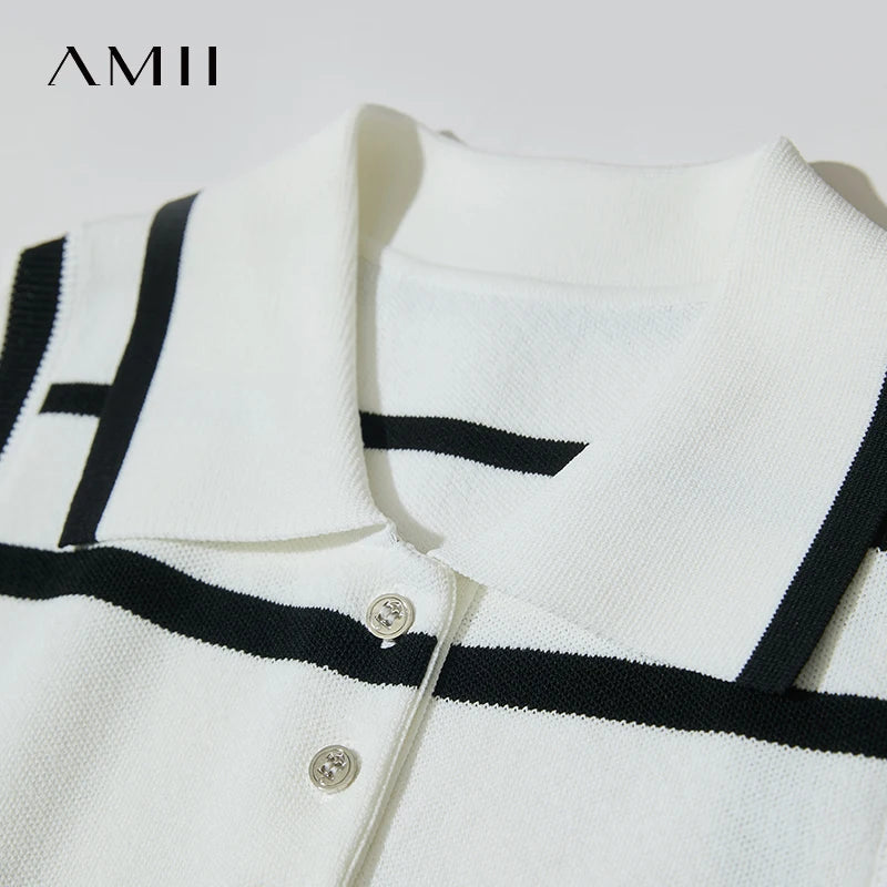 អាវយឺត AMII រដូវស្លឹកឈើជ្រុះថ្មីធម្មតាសម្រាប់ស្ត្រីឆ្នាំ ២០២៥ កអាវបត់ចុះក្រោមគ្មានដៃអាវប៉ាក់ឆ្នូតៗម៉ូដអាវយឺតស្ដើងសម្រាប់ស្ត្រី ១២៥៤២០២២