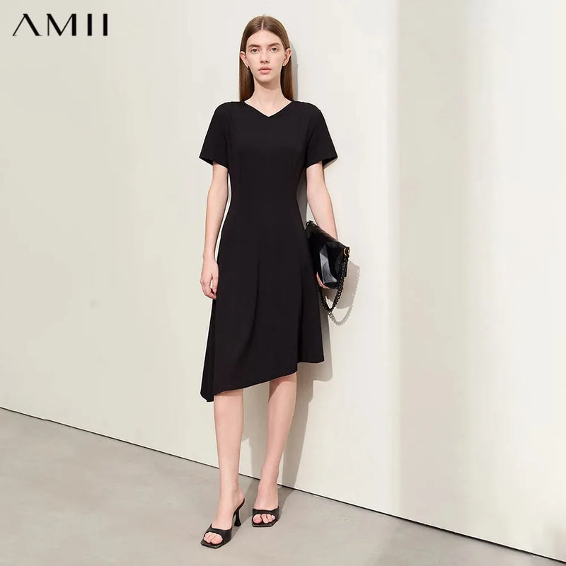 រ៉ូប Amii Minimalism Asymmetric Hem សម្រាប់ស្ត្រី 2026 រដូវក្តៅថ្មី Slim Office Lady រ៉ូបប៉ាក់ V-Neck រឹងមាំ 12442141