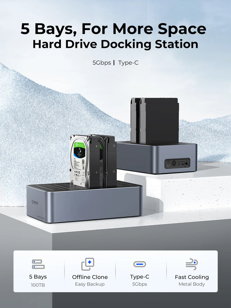 ORICO Type-C 5Gbps 4/5 Bay HDD Case Hard Drive Station Aluminum with Offline Clone 2.5/3.5" HDD Case Heat Dissipation Stronger
