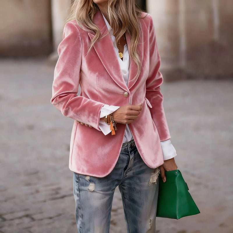 Elegant Women's Long-sleeve Blazer, A V-neck Jacket Made of Corduroy. Available in Black,Purple,Brown,Yellow,Red,Blue,Green,Gray