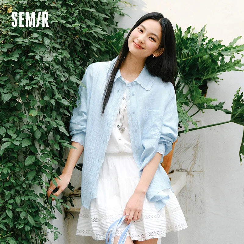 Semir Relaxed Shirt Women 2026 Spring Mid Length Linen Like Texture Oversize Lace Casual Comfortable Daily Wear Blouse