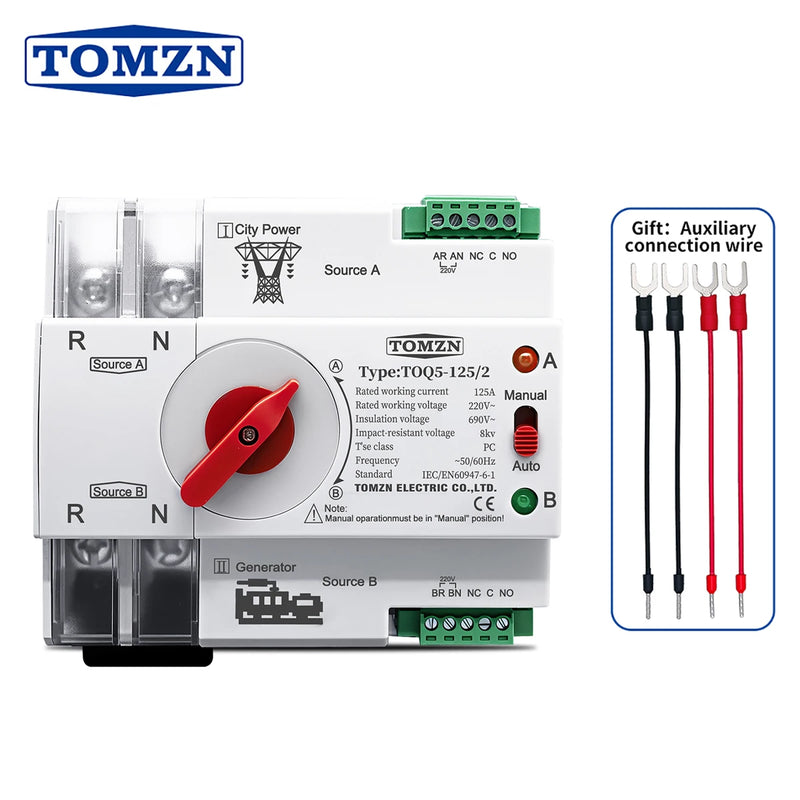 TOMZN Single Phase DIN Rail ATS Dual Power Automatic Transfer Electrical Selector Switches Uninterrupted 2P 63A 100A 125A