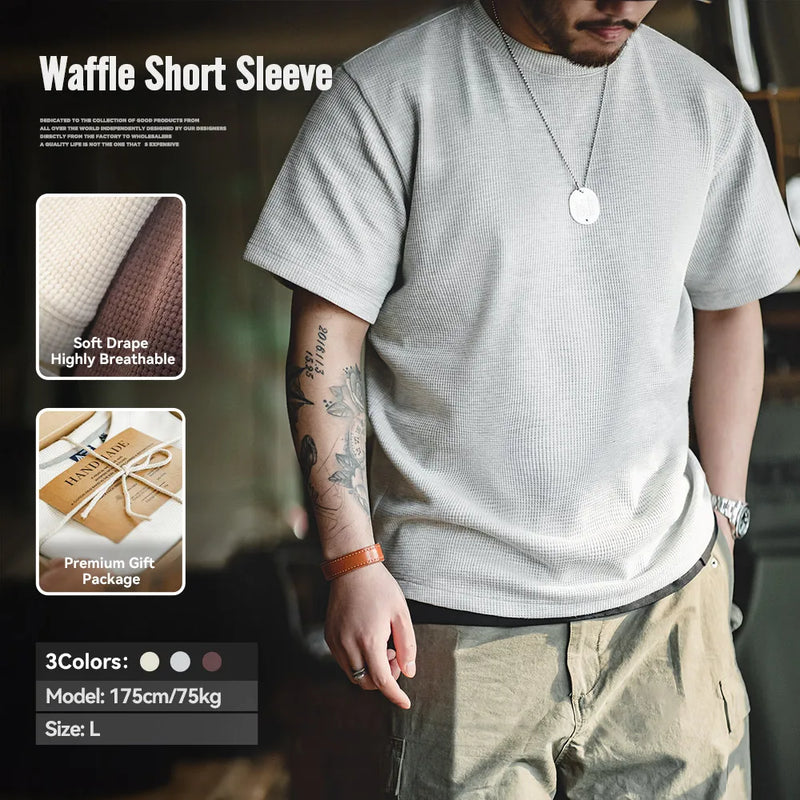 អាវយឺតដៃខ្លី Maden Retro Knit Waffle សម្រាប់បុរសរដូវក្តៅ កមូល រលុង សម ធម្មតា អាវយឺតពណ៌រឹង បុរាណ