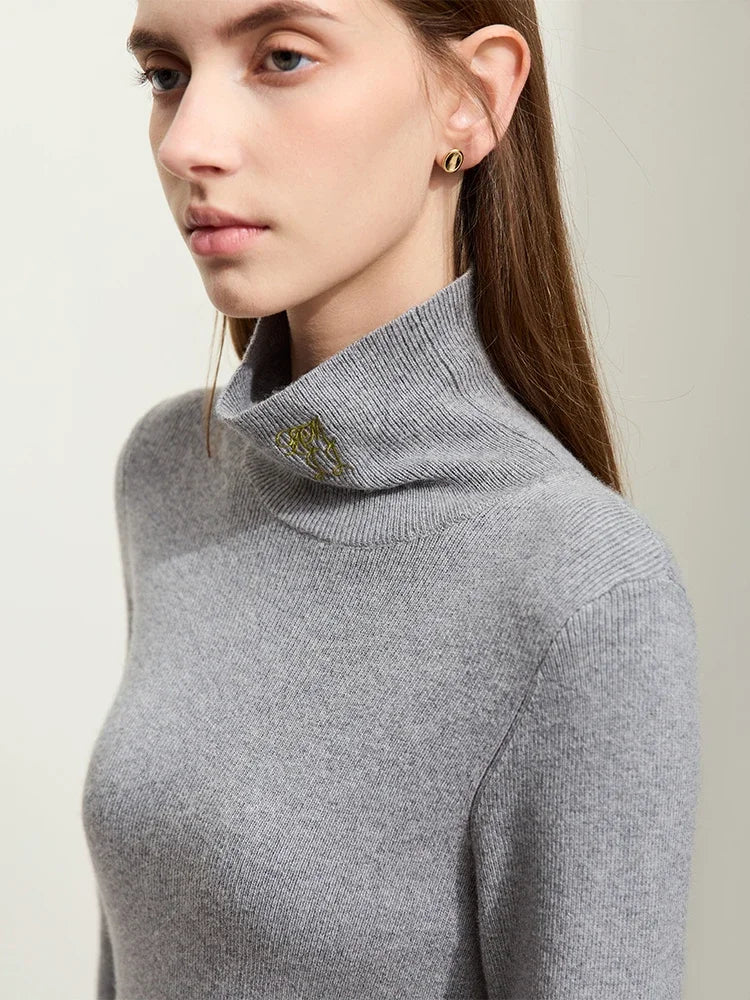 AMII Sweater Women 2026 Winter New Knitted Tops Woman Basics Slim Versatile Turtleneck Embroidery Ladies Sweater 12364007