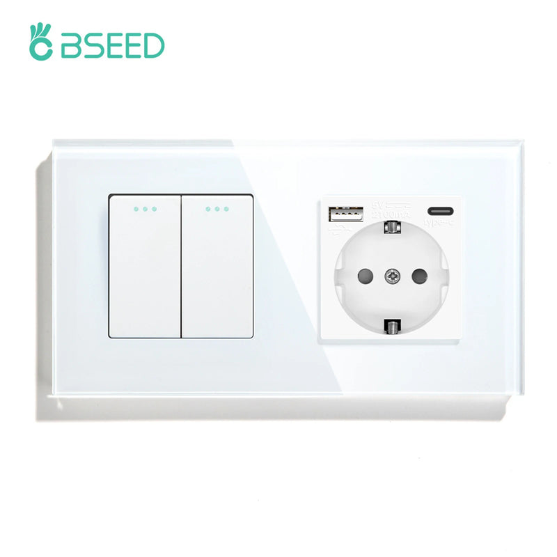 BSEED EU Standard Wall Button Switch 1/2/3Gang 1Way Wall Power Socket Glass Frame Mechanical Switches Home Improvement
