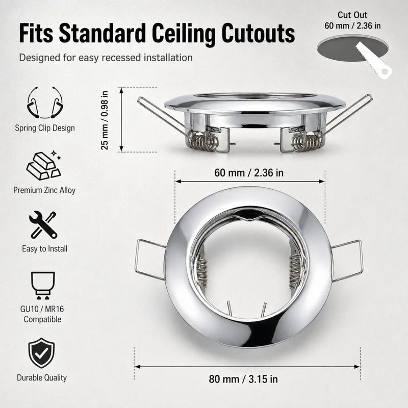JOYINLED 2/10PCS Zinc Alloy Recessed Spotlight Trim Round Downlight Frame GU10 MR16 LED Ceiling Light Housing 60mm Cutout