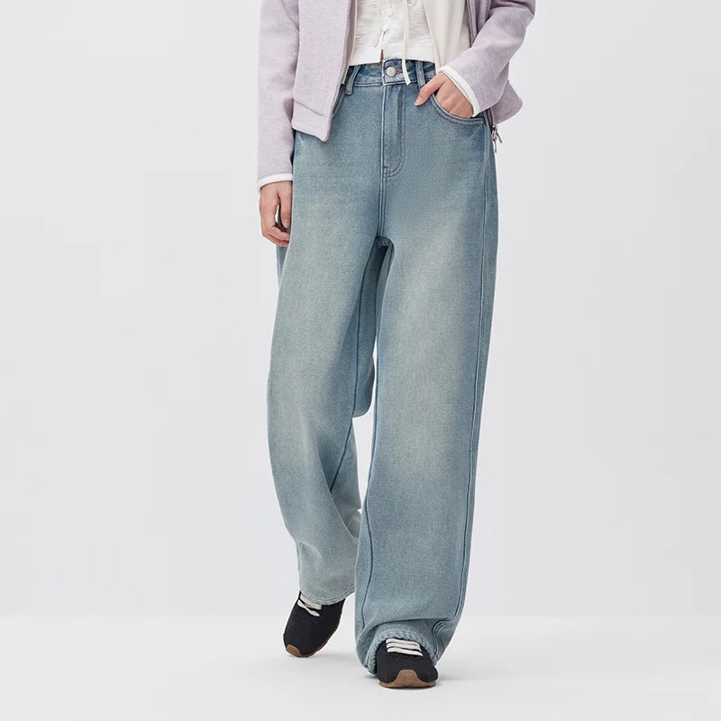 Semir Women Denim Jeans Fleece Lined Vintage Wash Street Style Wide Leg 2026 New Winter Daily Wear Urban Casual Style