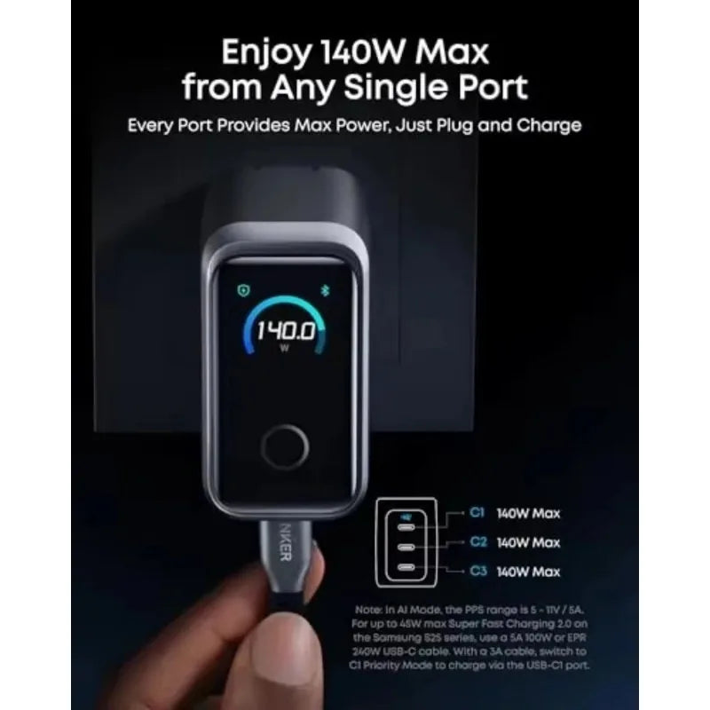 ឆ្នាំងសាក Anker Prime A2687 160W 3-Port GaN USB-C Fast Charger ប្លុកសាកថ្មលឿន Smart Touch Display អតិបរមា 140W សម្រាប់កុំព្យូទ័រយួរដៃ iPhone Samsung