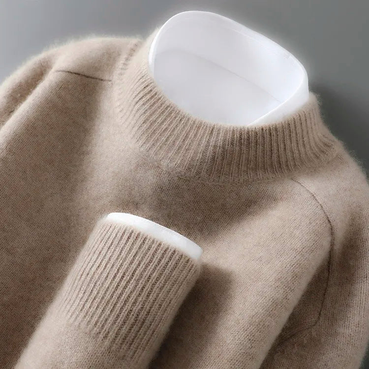 100% Australian Wool Men's New Half Turtleneck Sweater, Flat Seven-Needle Thickened Saddle Shoulder Half High Pullover