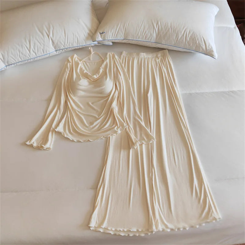 Chest Pad Long Sleeve Shirt Trousers Sets New Lounge Modal Sleeping Clothes Elegant Autumn Winter Home Pajamas Women Sleepwear